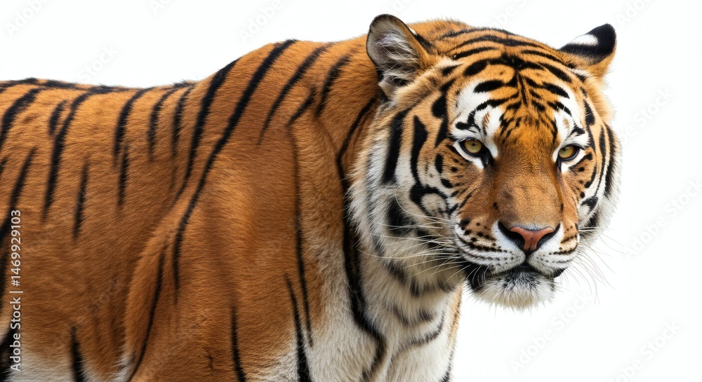 Fototapeta premium Tiger Staring with Intense Gaze Close-up Portrait on White