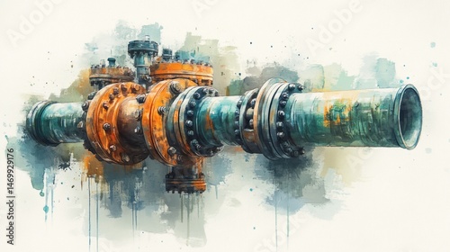 Detailed industrial machinery drawing in watercolor style.