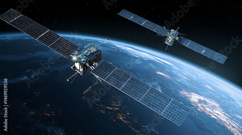 Two satellites orbiting Earth at night 