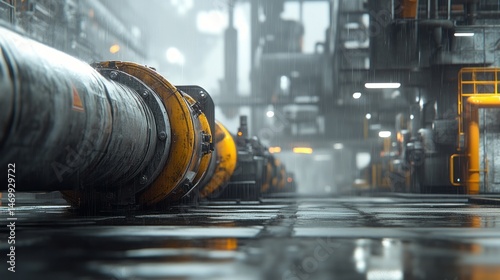 Industrial interior pipeline machinery perspective view.