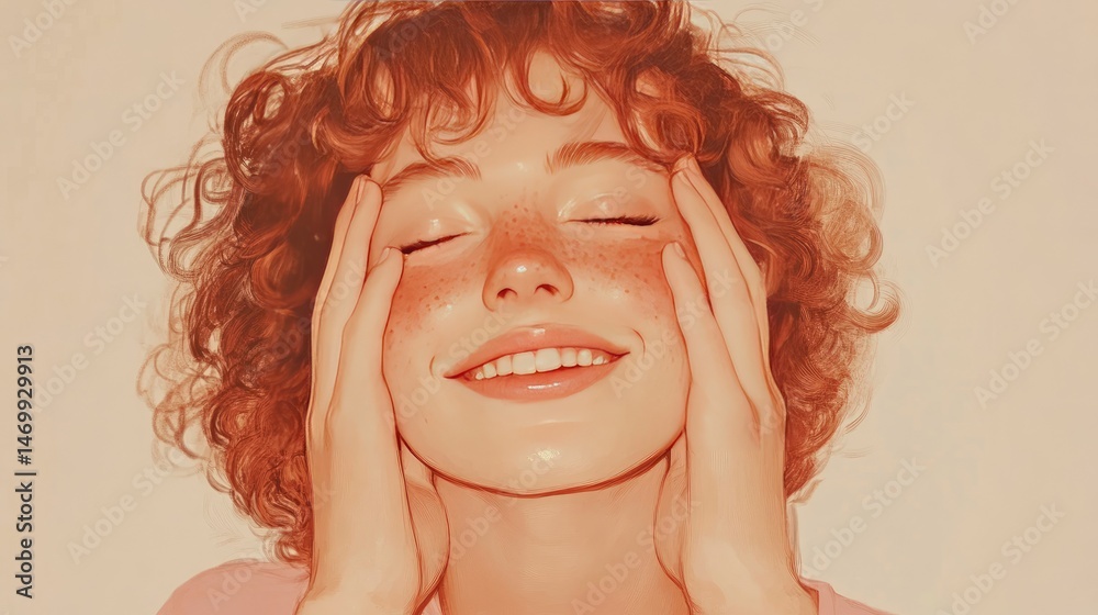A person with curly, reddish-brown hair and freckles smiles while applying cream to their face.