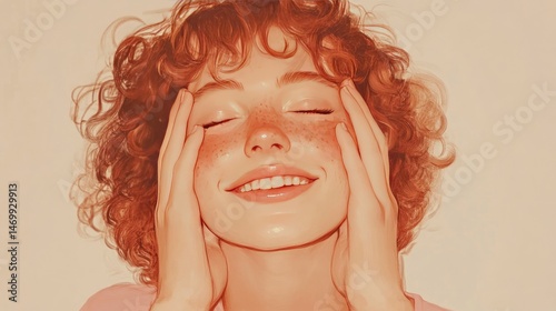 Obraz na płótnie A person with curly, reddish-brown hair and freckles smiles while applying cream to their face. w salonie