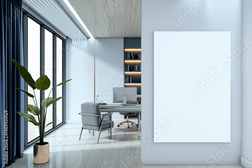 Blank vertical poster mockup on light wall in modern office interior with desk, chair, bookshelves and potted plant near large windows. 3D Rendering
