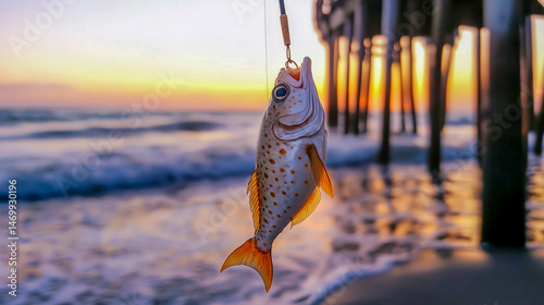 Freshly caught fish on a hook with a stunning sunset ocean beach background