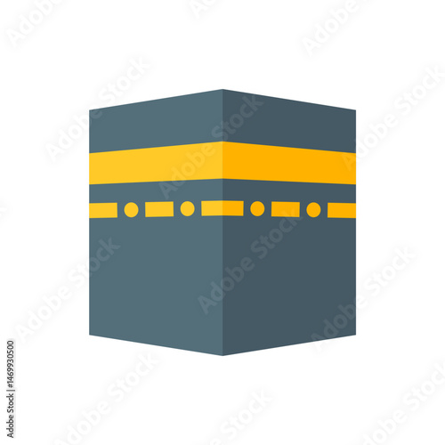 Illustration of the kaaba a cuboid structure in mecca with a gray body and yellow stripes and circles design
