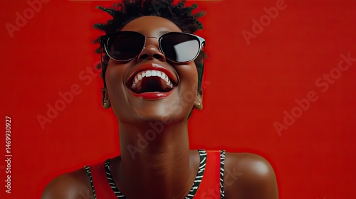 Wallpaper Mural A young woman with short, styled hair smiles broadly while adjusting her sunglasses. Torontodigital.ca