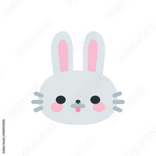 Illustration of a cute bunny face with pink cheeks, long ears, and a small tongue sticking out slightly