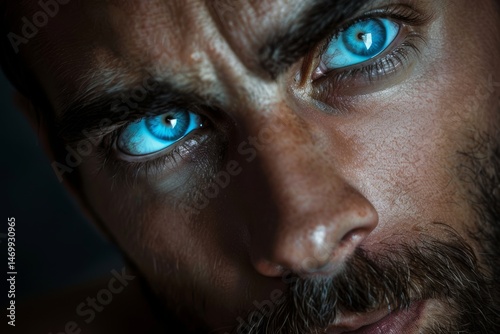 A mans face with intense blue eyes, looking directly at the viewer