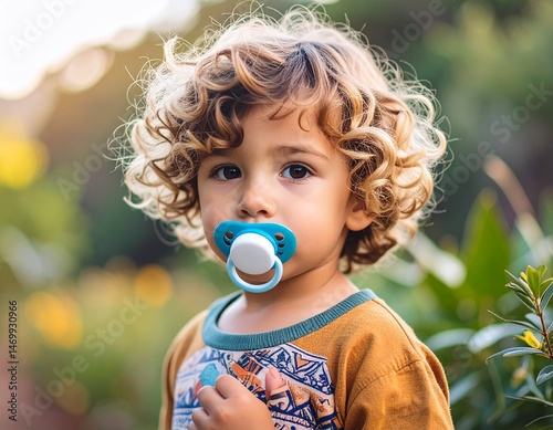 Portrait de bébé aux cheveux blonds et bouclés ayant une sucette dans la bouche. Custom AI Model photo