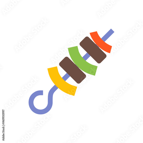 Illustration of a colorful shish kebab with meat and vegetables on a skewer against white background