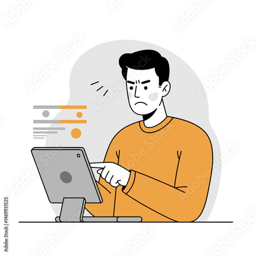 Frowning man looking at screen in frustration while using a tablet in a modern illustration with a light background