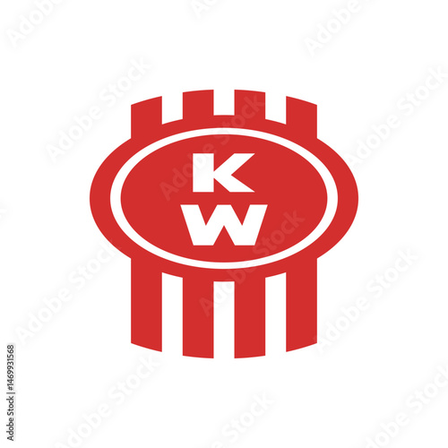 Red and white kenworth logo featuring the letters k and w inside a circle with vertical bars design