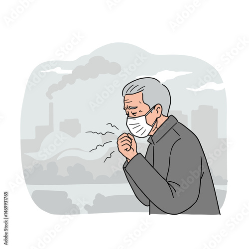 Elderly man coughing in polluted air with a mask in a somber illustration against a gray city background
