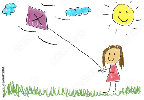 little girl with kite drawing crayon sketch elementary 