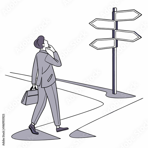 Businessman contemplating direction with a signpost representing various choices ahead