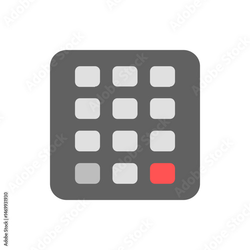 Illustration of a dark gray rounded square grid with eleven light gray and one red rounded square button