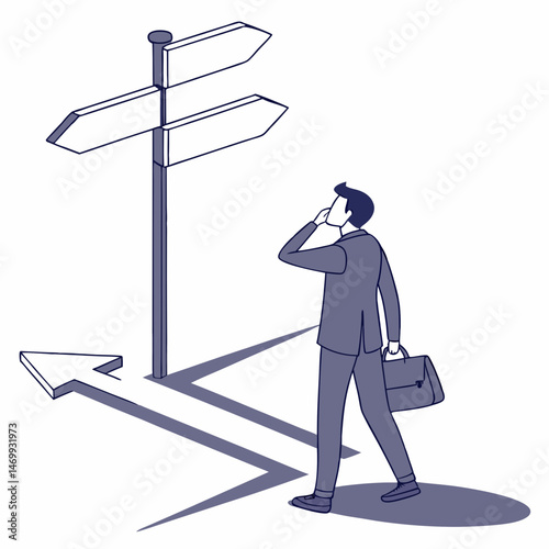 Businessman contemplating directions near a signpost with different route choices ahead.