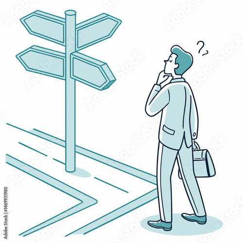 Businessman contemplating choices at a crossroads looking at signpost with arrows showing options