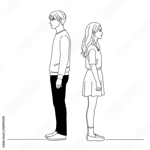 Couple standing apart not talking in a minimalist line art illustration with a textured white background and copy space
