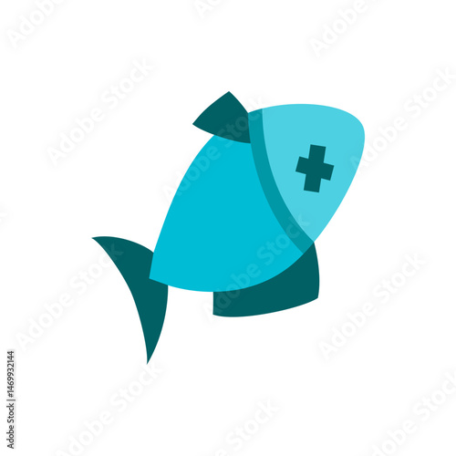 Illustration of a stylized turquoise fish with a dark teal fin and a plus sign on its body design