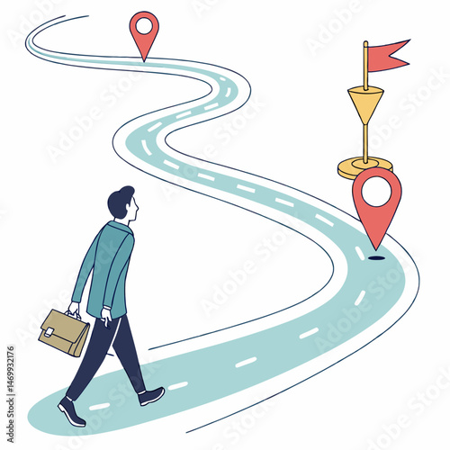 Business journey with roadmap toward success and destination goals illustration