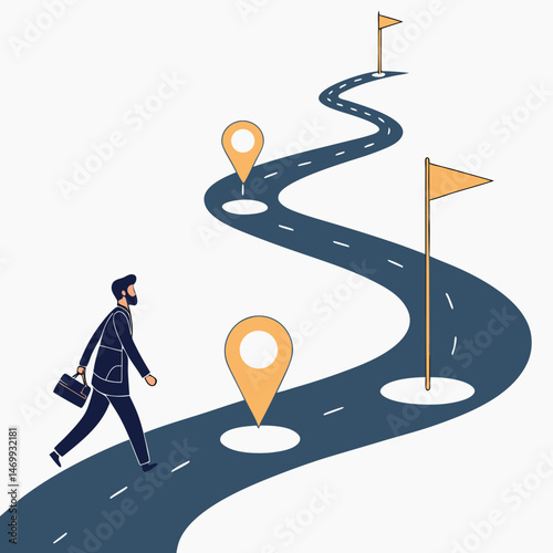 Businessman walking towards success along a road with destination flags and markers