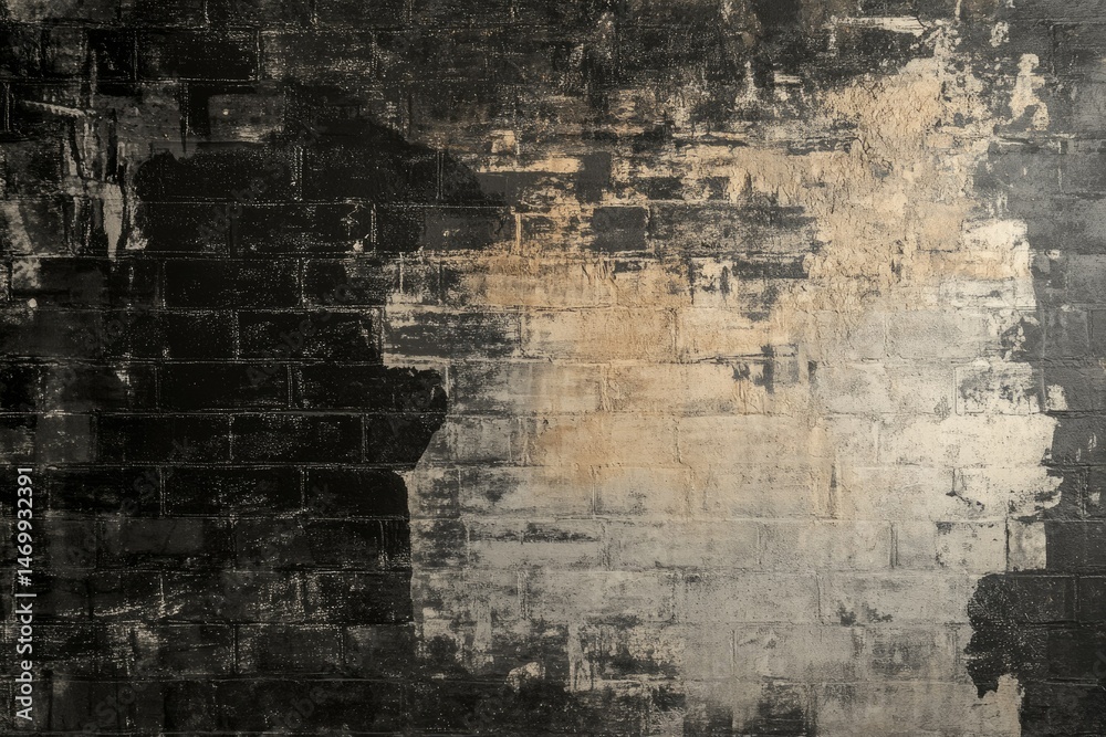 Obraz premium A weathered brick wall, half painted black, shows the passage of time and decay.