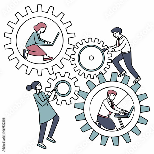 Teamwork in progress: collaborative people working together on mechanical gears concept