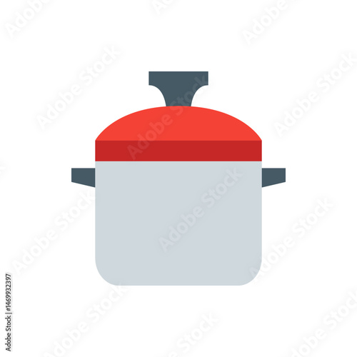 Illustration of a closed cooking pot with a red lid and gray handles on a white background design art