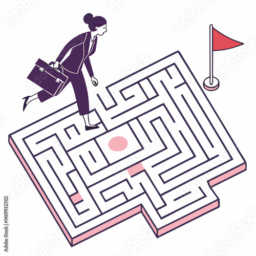 Businesswoman navigating a maze illustrating problem solving and goal achievement