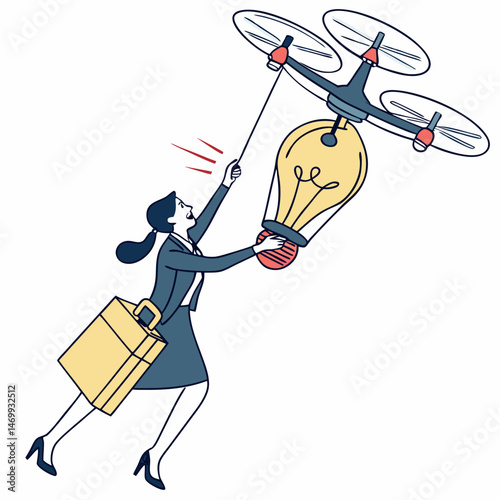 Businesswoman chasing idea drone flying with a light bulb representing innovation and creativity
