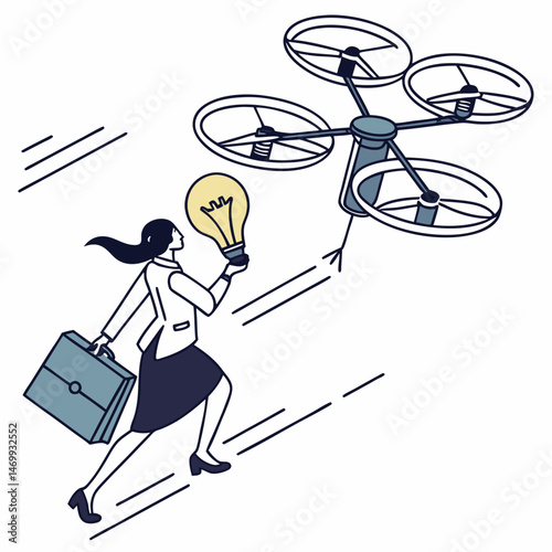 Businesswoman chasing technological innovation with idea symbolized by a lightbulb and a drone.