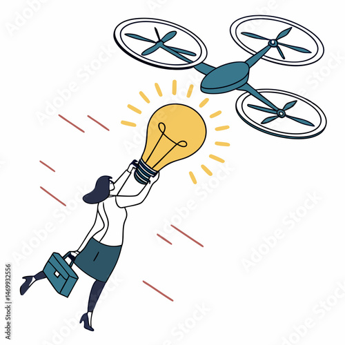Businesswoman reaching for an illuminated lightbulb with flying drone innovation concept