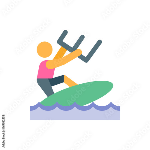 Illustration of a kitesurfer on a green board with a pink shirt and blue shorts in the water waves scene