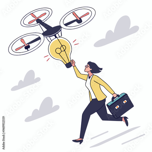 Businesswoman pursuing innovation with a drone holding a lightbulb concept illustration