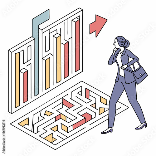 Businesswoman contemplating a solution to a challenging maze with a clear exit strategy.