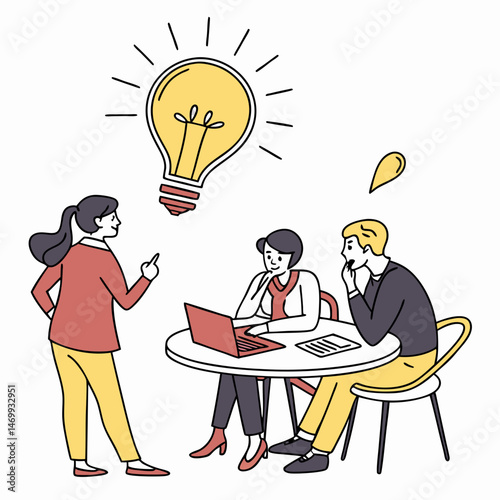 Business team brainstorming session with lightbulb suggesting new creative ideas