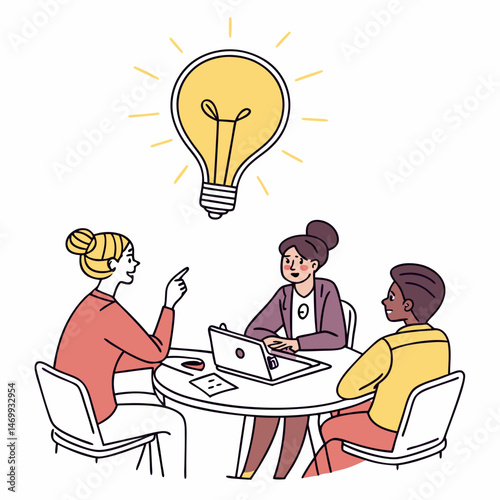 Team brainstorming session with lightbulb idea illustration for innovation and creativity