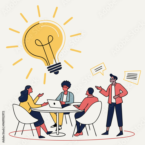 Team brainstorming session creative ideas generated and discussed around a table together