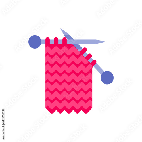 Illustration of a pink knitted fabric with a zigzag pattern and blue knitting needles crafting project