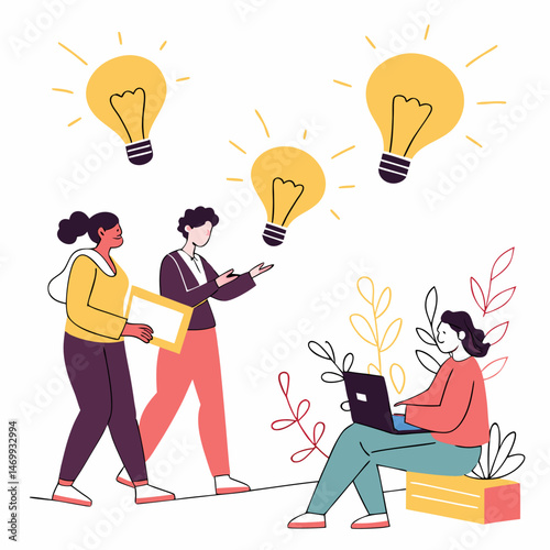 Creative team brainstorming with lightbulbs illustrating new ideas and innovation