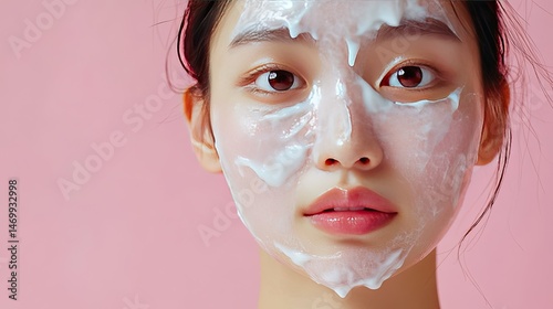 Obraz na płótnie A close-up of a woman applying cream to her cheek, with a gentle smile w salonie