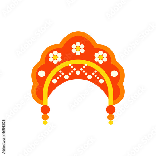 Illustration of a kokoshnik with orange base, yellow accents, and white floral and circular details