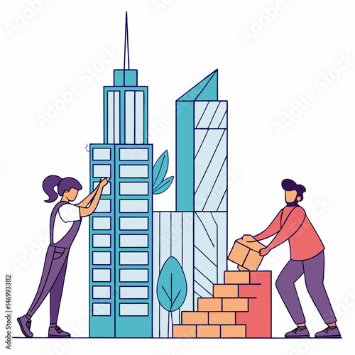 Team of construction workers assembling blocks creating new city skyline