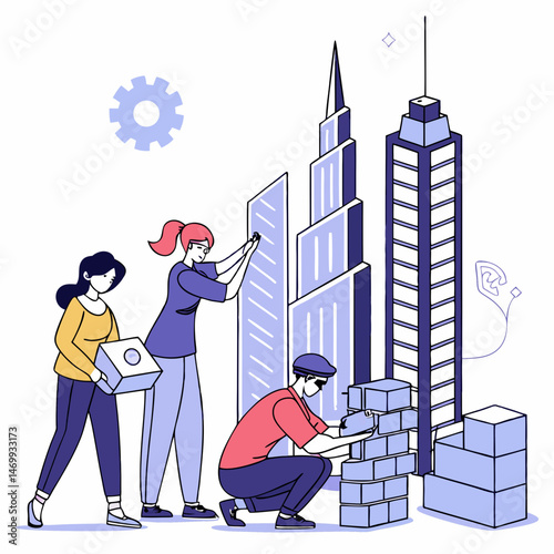 Construction workers building modern skyscrapers with creative illustration on transparent background