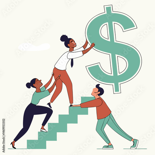 Diverse team climbing the dollar sign steps represents financial success and growth