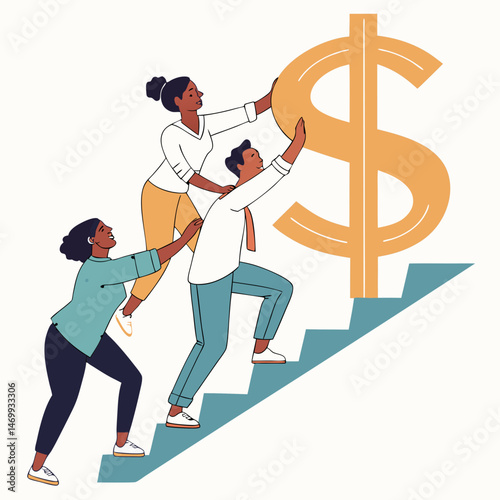 Teamwork ascending steps towards a giant dollar sign representing financial success.