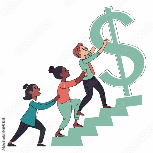Teamwork ascending steps towards achieving financial success and dollar symbol