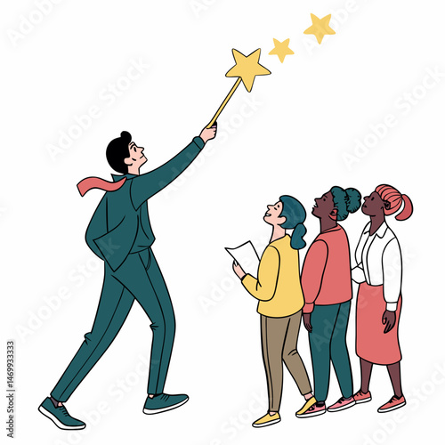 A leader using a magic wand to inspire and motivate his team members towards success