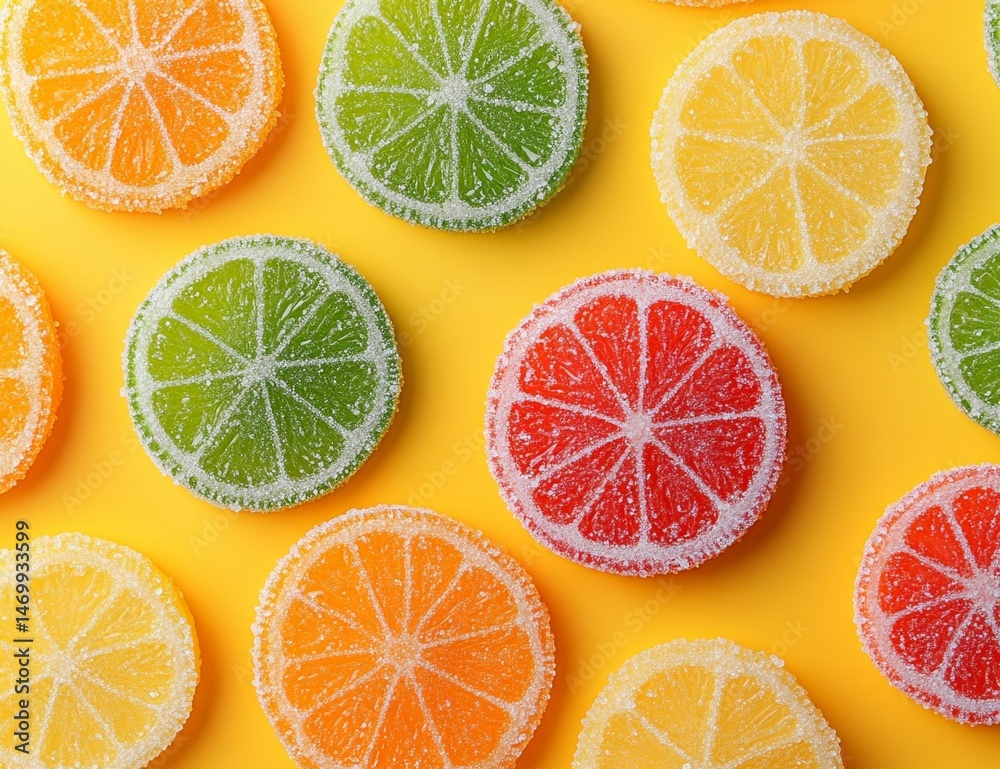 Obraz premium Colorful fruit slices candy pattern on a yellow background